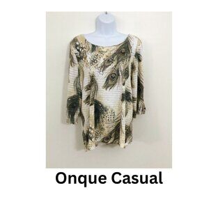 Onque Casual Women Tunic Top Blouse XL Artsy Multicolor 3/4 Sleeves Casual